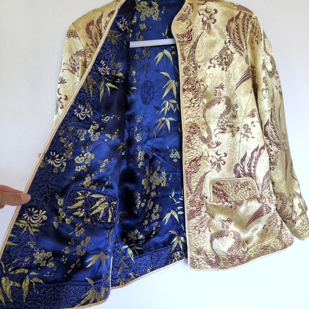 VTG Reversible Chinese Brocade Jacket Dragon Phoenix Frog Closure L 80s 90s Tang - Picture 3 of 9
